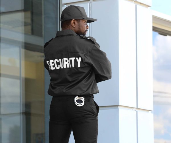 Male security guard standing near big modern building