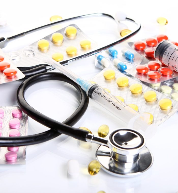 Close up of stethoscope with different pharmaceutical stuff